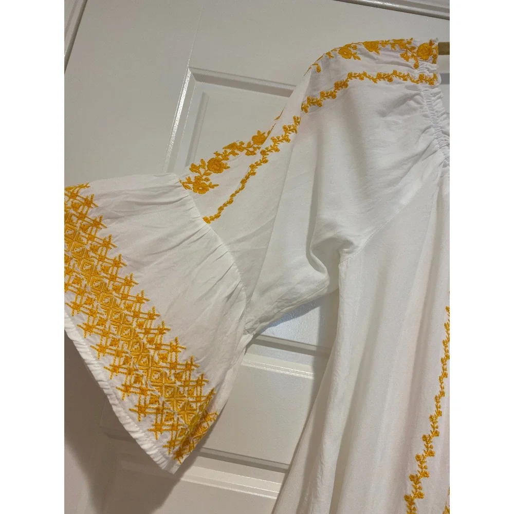 Savanna Jane L White Yellow Embroidered Peasant Blouse Bell Sleeve Top  Boho 099 - Picture 3 of 11